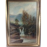 A large oil on canvas painting of a pastoral scene of a tumbling waterfall frame measures 90x60cm
