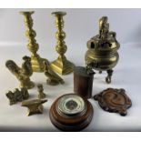 THERE'S MONEY IN OLD BRASS! A nice pair of brass candlesticks and also a SUBSTANTIAL brass incense