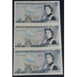 Three blue PAGE five pound notes serial nos A14 647864, AR14 751788, 63T 720194
