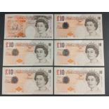 Six ten pound notes signed CLELAND (MA04 750740), LOWTHER (AA01 007475), KENTFIELD (A01 001995),