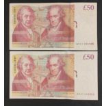 Two Bank of England red fifty pound notes with significant serial numbers signed by SALMON (AA01