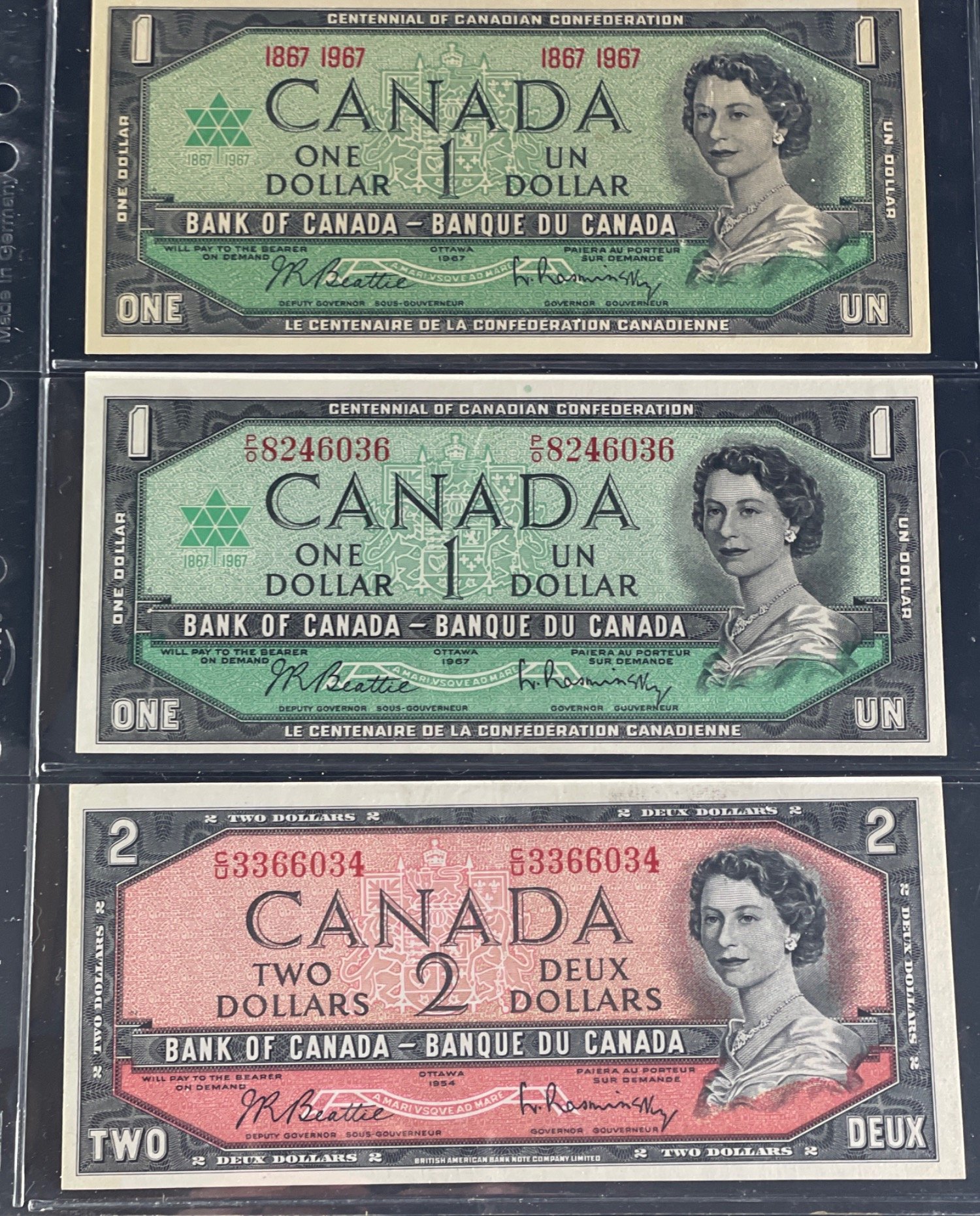 CANADA Banknotes 1954 and 1967 $1 & $2 Uncirculated Crisp All three notes in lovely grade