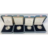 Four boxed ROYAL MINT United Kingdom silver proof one pound coins from 1994, 95, 96, 97