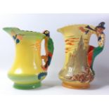 TWO BURLEIGH WARE Art Deco jugs with a PARROT featured handle and a PIED PIPER figure handled vase