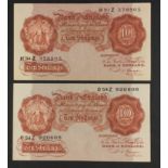 Two UK Beale 10/- Ten Shillings brown banknotes in good collectible condition.