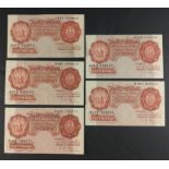 UK Five O'Brien 10/- Ten Shillings brown banknotes in good collectible condition.