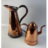 An ANTIQUE copper coffee pot with brass lid finial, couple of small dents but otherwise a