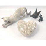 Two pieces of ornamental crackleware being a stretching cat (approx 30cm long), and a heart approx