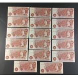 Super collection of UK 10/- Ten Shillings brown Queens portrait Banknotes in good collectible