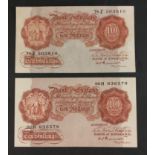 Two UK Peppiatt 10/- ten shilling brown Banknotes in good collectible condition.