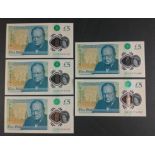 Five blue polymer CLELAND Bank of England five pound notes to include the sequence AJ26 998048, 49