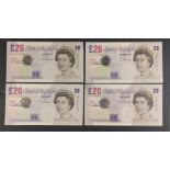 Four purple LOWTHER Bank of England twenty pound notes to include sequential DE56 676669 and 70,