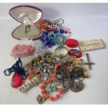 A collection of costume jewellery including vintage, a Chinese lock (3cm long), a bag of
