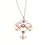 A 9ct stamped floral openwork amethyst and pearl pendant with chain
