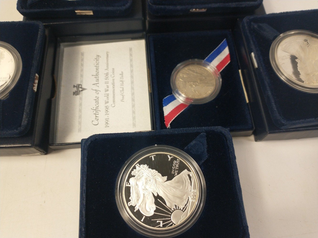 Five AMERICAN ONE OUNCE SILVER PROOF EAGLES in boxes with plush cases and paperwork 1994, 1995, - Image 2 of 5