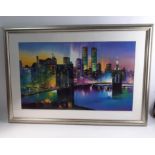 A framed colourful print of the Manhattan skyline frame size 103cm x69cm approx