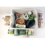 A mixed box of ceramics and pottery to include a Meissen style monkey teapot without lid (23cm