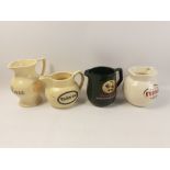 Four water jugs to include KILBEGGAN Irish Whiskey 12cm high, GLENLIVET Highland China 15cm high,