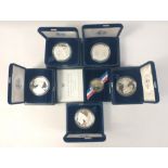 Five AMERICAN ONE OUNCE SILVER PROOF EAGLES in boxes with plush cases and paperwork 1994, 1995,