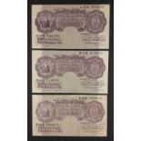 Three UK Peppiatt Ten Shillings purple banknote x3