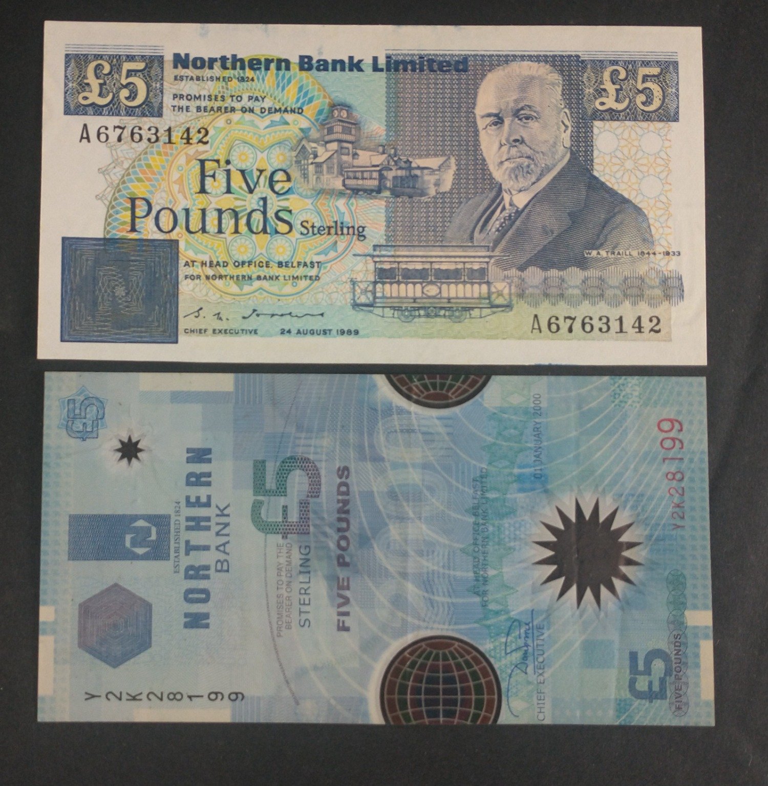 A NORTHERN BANK LIMITED five pound sterling note from 1989 and a polymer NORTHERN BANK five pound