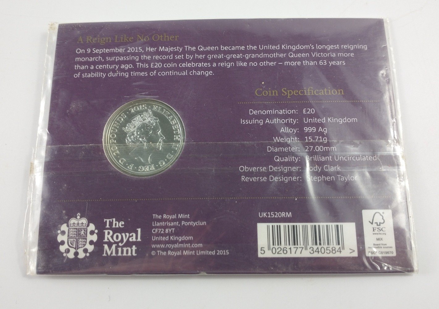 2015 £20 UK Fine Silver Proof Coin - The Longest Reigning Monarch - Image 2 of 2