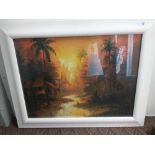ORIENTAL SUNSET - a framed original oil on canvas behind glass, frame size 76x59cm approx