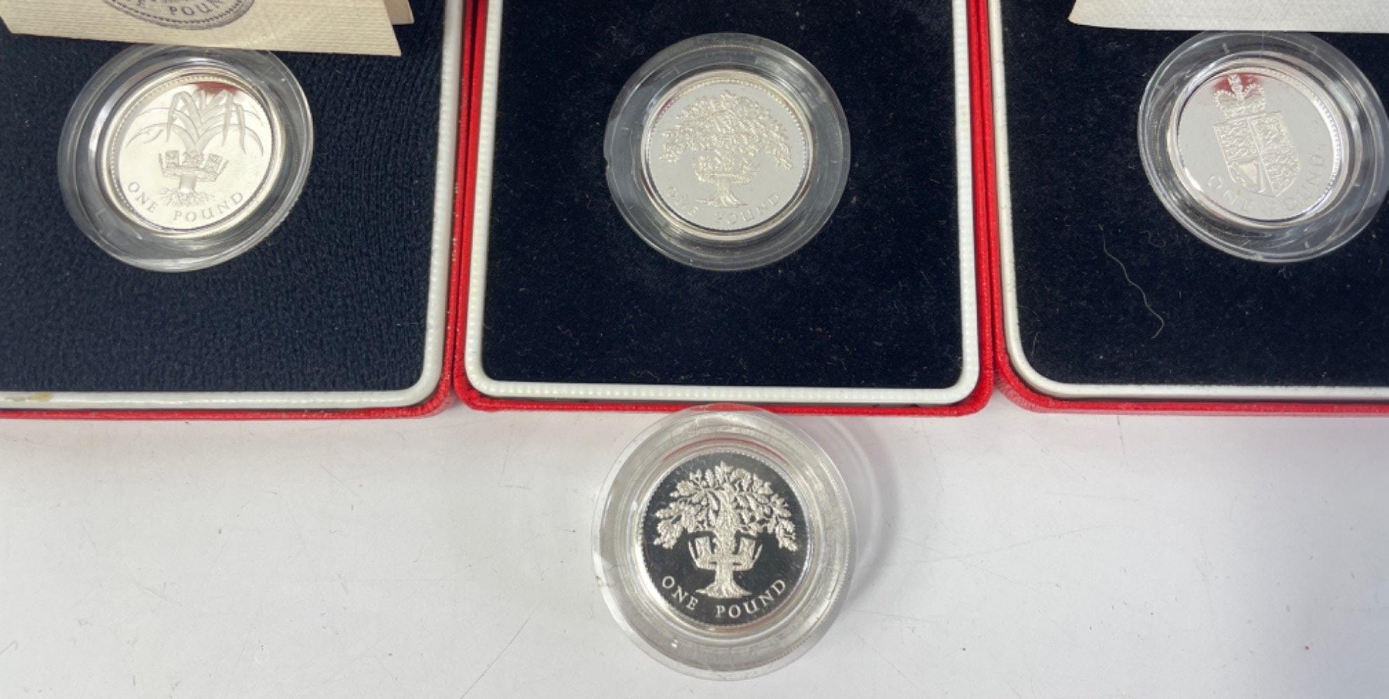 Four ROYAL MINT United Kingdom silver proof Piedfort one pound coins, three in boxes, 2 with - Image 2 of 2