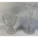 A crystal flower vase with nice etched petal design standing 25cm tall and a smaller pretty vase