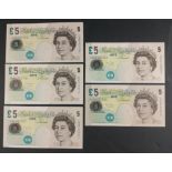 Two green BAILEY Bank of England five pound notes serial nos EL09 631947 and KB85 085084 and three