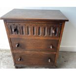 An ERCOL inspired 3 drawer small cabinet in dark oak - dimensions 18" wide x 15" depth x 18" tall