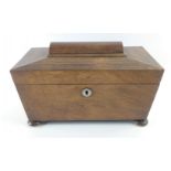 A vintage wooden tea caddy with 2 interior boxes and space for mixing tea leaves, measures