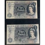 Two blue HOLLOM five pound notes serial nos A54 338869 and B95 022467 and one FFORDE five pound