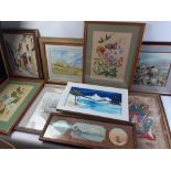 A box of interesting original pictures in frames, ten in total all in good condition