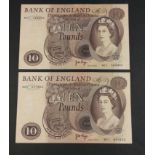 Two large size brown PAGE Bank of England ten pound notes serial nos M01 368360 and M01 841852