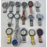 A box of sixteen men's fashion watches to include M&H, Zhong Yi, MiGeer, Rqmand, Wwoor,