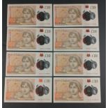 Eight polymer Bank of England CLELAND ten pound notes