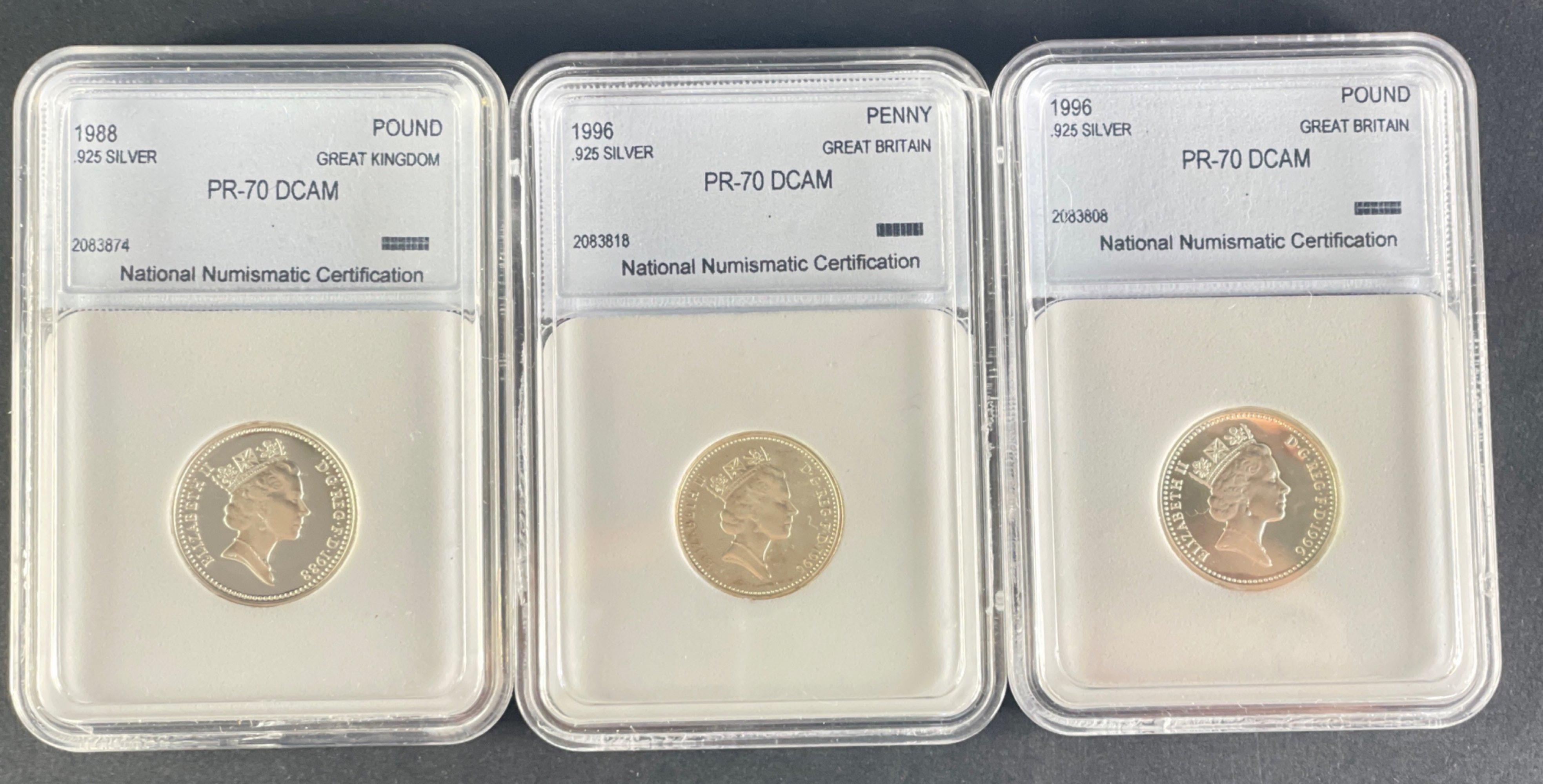 NGC Slabbed and graded UNITED KINGDOM coins x3 to include 1988 One Pound PR70 DCAM, 1996 One