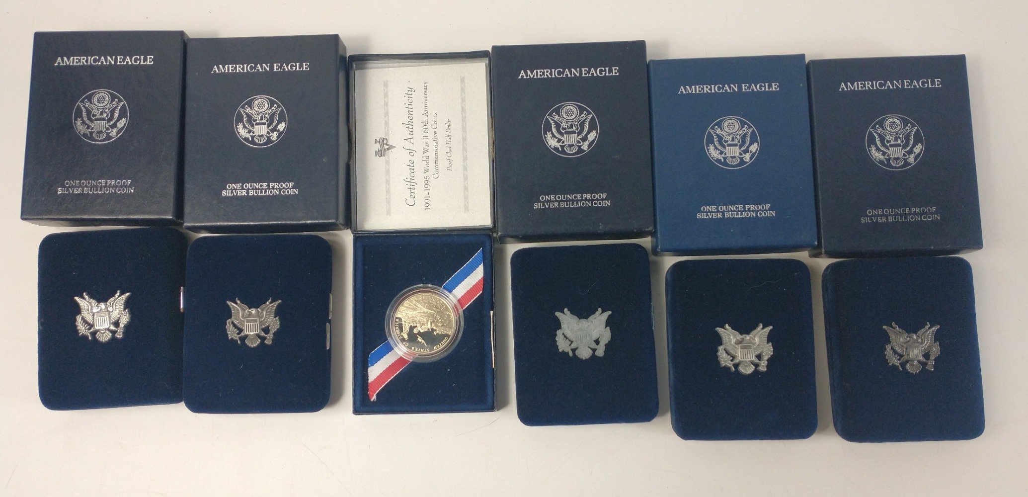 Five AMERICAN ONE OUNCE SILVER PROOF EAGLES in boxes with plush cases and paperwork 1994, 1995, - Image 5 of 5