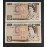 Two brown PAGE Bank of England ten pound notes including sequential H54 51598 and 99