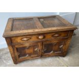 A VINTAGE dark oak lidded storage box 3.5ft wide x 18" tall x 18" depth approx