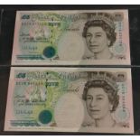 Two green KENTFIELD Bank of England five pound notes serial nos DA18 674126 and DC16 344244