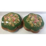 Two handworked tapestry footstools with three ball feet, base 39cm across