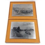A pair of metal etched pictures entitled LAKELAND VIEW and RIVER SCENE