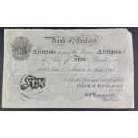 A white Bank of England PEPPIATT five pound note dated 11 June 1938 serial no B233 88280 with