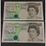 Two green GILL Bank of England five pound notes A01 917833 and A08 617582