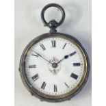 A silver pocket watch, stamped 935, with floral design at centre of the face which measures approx