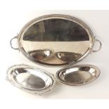 Three pieces of quality silverware being 2 ashets 36cm and 31cm long and a large 2-handled tray