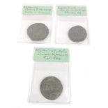 A collection of three BYZANTINE ancient coins to include Emperor ROMANUS first follis 7.4g approx,