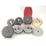 A selection of fly reels to include Intrepid, Super Condex, BF800b and others